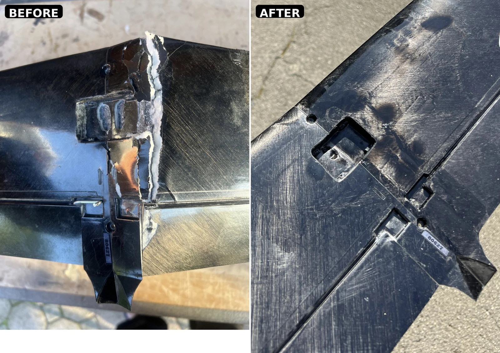 Damaged and repaired carbon model aircraft wing, side by side