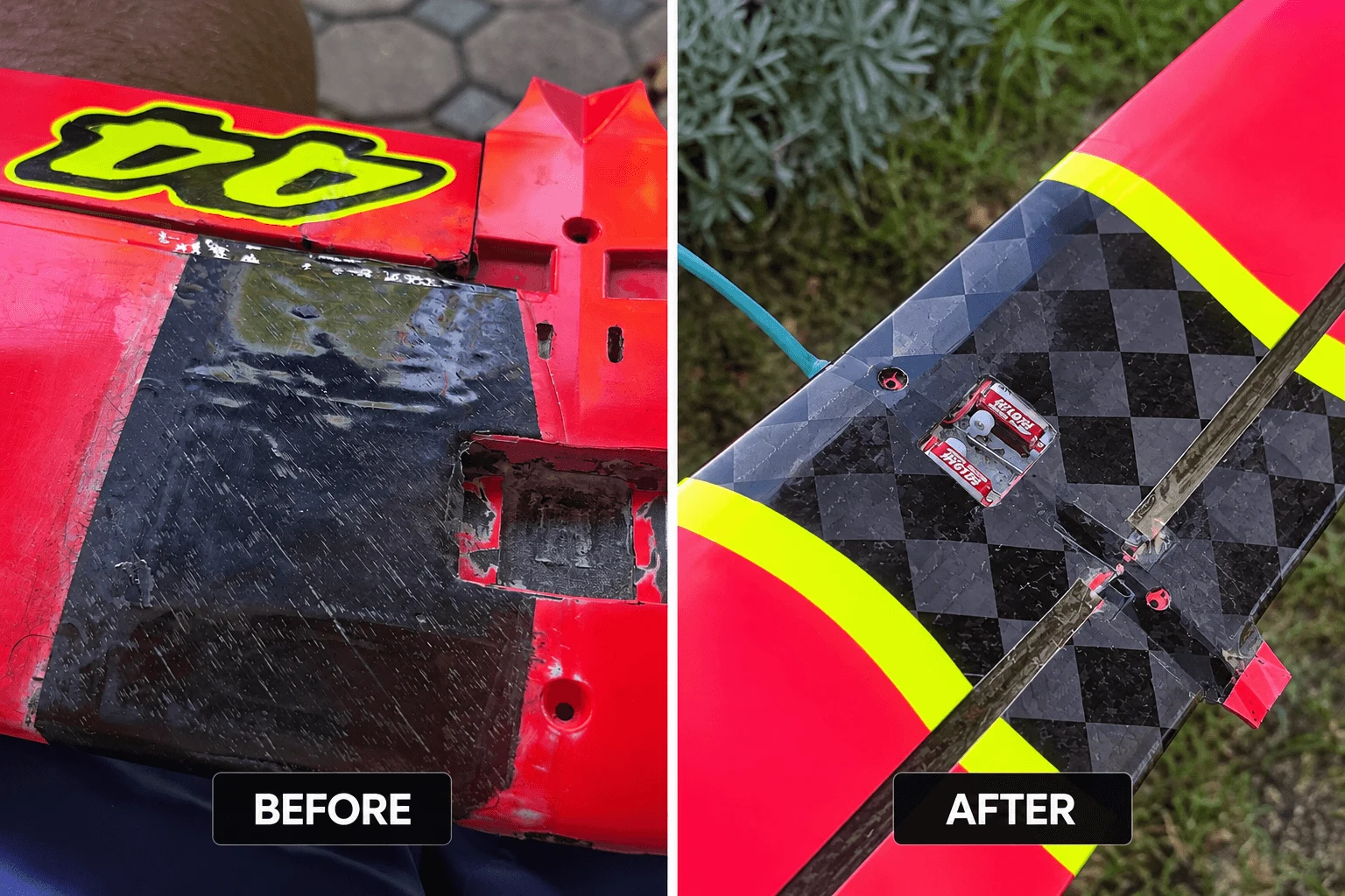 Red RC aircraft wing showing damage and the restored composite area, before and after.