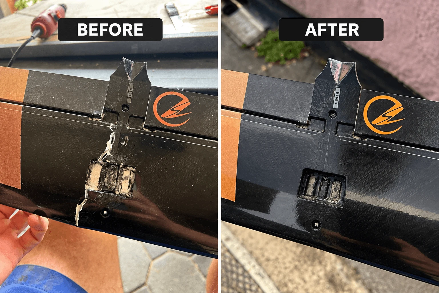 Black model aircraft wing with orange markings before and after repair of a damaged joint.